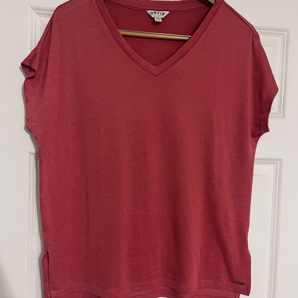 Orvis Shirt Womens Medium Rust Red Short Sleeve Dolman Stretch Casual V Neck